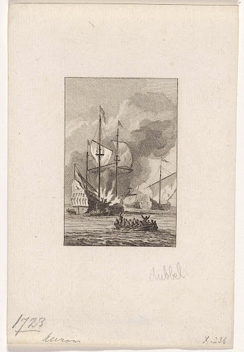 Het schip van Pieter Vlak in gevecht met twee Algierse kapers, 1723