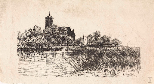 Gezicht op de Sint Urbanuskerk te Bovenkerk met op het water een zeilscheepje