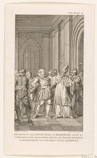 Reinoud II van Brederode, wordt door de bisschop van Utrecht de ridderorde van het Gulden Vlies afgerukt, 1470