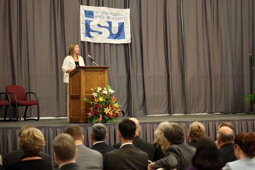 Lori Garver addresses the audience during opening ceremonies for the International Space University's Space Studies Program session at the Florida Institute of Technology.