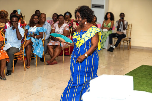 A print evening gown using woven country cloth
