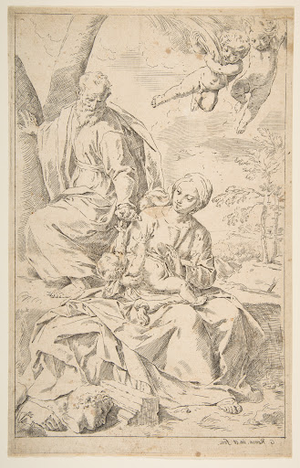 Rest on the flight into Egypt, Mary holding the infant Christ while St. Joseph hands him a fruit
