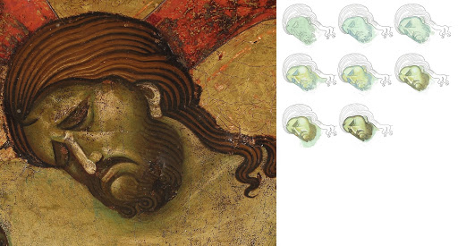 links: Croce di San Ranierino di Giunta Pisano, Gesicht Christi, rechts: Rekonstruktion der Malweise des Gesichts Christi