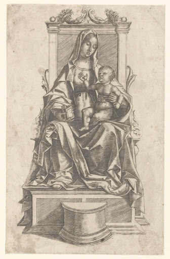 Maria met kind zittend op een troon
