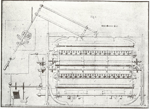 Design drawing of the hand embroidery machine developed by Josua Heilmann