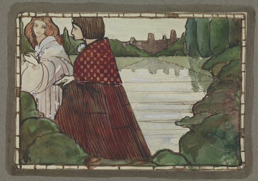 Man and woman wearing cloaks with castle and river in background