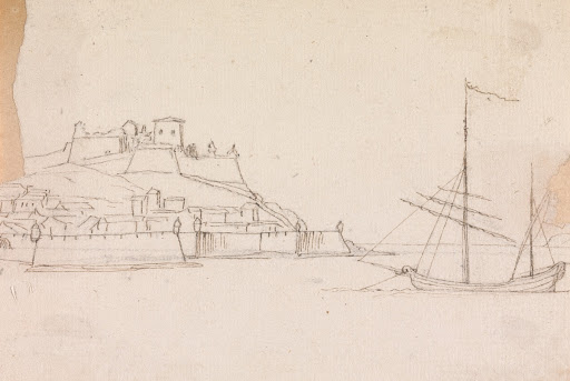 Palace, Surrounded by, Fortification Walls,with Sea and Sailboat in the Foreground
