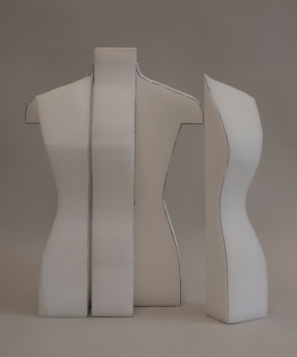 Applying profile cuts - Mannequin for red velvet gown with pearl embroidery