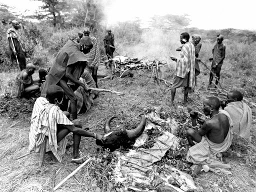 Maasai warriors are offered the choice cuts of meat from the sacrificial black ox