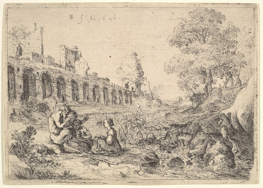 Corsica seated before satyrs on the bank of a river, from a pair of plates for Battista Guarini's 'Il Pastor fido'
