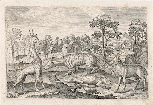 Voorstelling van een giraf, kameleon, civetkat en antilope