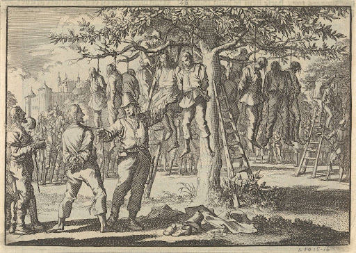 Gevangen genomen boeren bij Hasingen door de Zweden in een boom gehangen, 1633