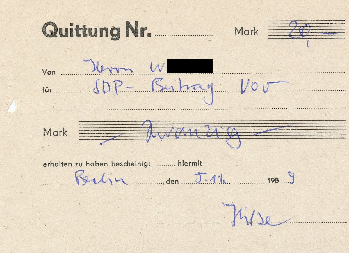 Quittung für 1. Mitgliedsbeitrag der SDP