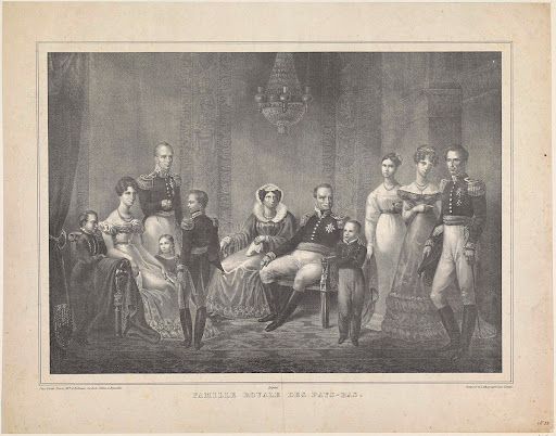 Familieportret van Willem I Frederik, koning der Nederlanden, Wilhelmina van Pruisen, hun zoons met echtgenotes, hun dochter en vier kleinkinderen