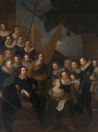 Officers and other Civic Guardsmen of the XIX District of Amsterdam, under the command of Captain Cornelis Bicker and Lieutenant Frederick van Banchem, waiting to welcome Marie de Médicis, 1 September 1638