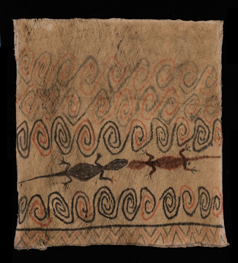 Painted barkcloth, decorated with a spiral pattern and tweo lizards