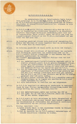 Overeenkomst tussen de Nederlandse Radio Industrie en Philips Overeenkomst tussen de Nederlandse Radio Industrie en Philips. Eerste pagina.