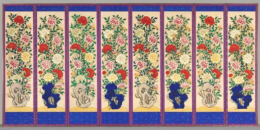 Painting of Peonies on Four-panel Folding Screen