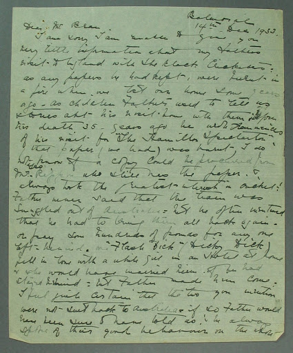 Letter addressed to E E Bean, regards 1868 Aboriginal Cricket team tour of England - 14 Dec 1933