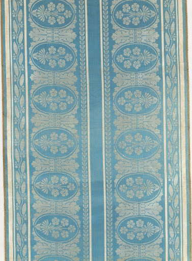 Bordures pour tenture, damas économique bleu liseré blanc à fleurettes dans un ovale