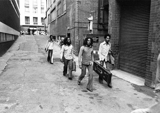 Bob Marley, Neville Garrick, Micheal Campbell and Tyrone Downie enter the back of Birmingham Odeon
