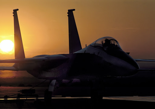 F-15 HiDEC taxi on ramp at sunrise
