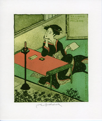327. Exlibris.WILLY FELIERS./Madame Butterfly, G. Puccini/. Japonka u psacího stolu.