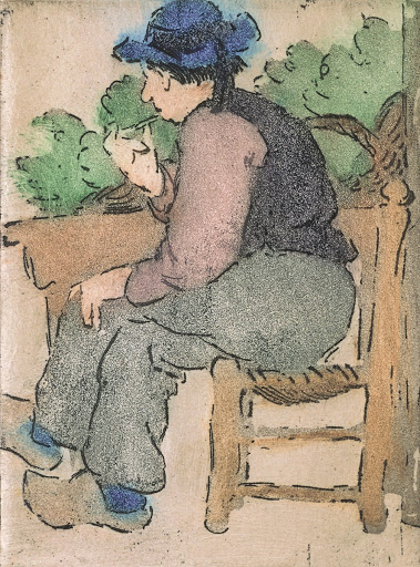 Breton at a table, smoking a pipe