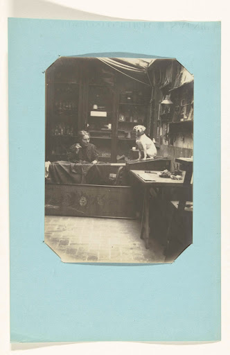 Portret van een onbekende vrouw met naaiwerk en hond in interieur