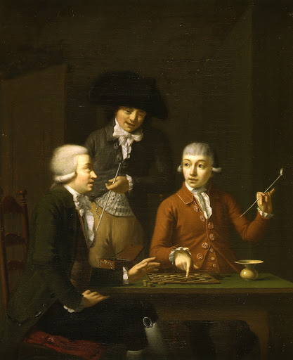 Three men playing draughts