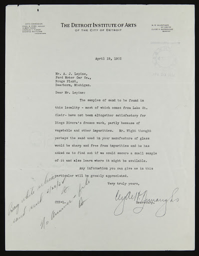 Letter from Clyde Burroughs to A. J. Lepine (for Edsel Ford) regarding Sand Used in Rivera Frescos, April 19, 1932