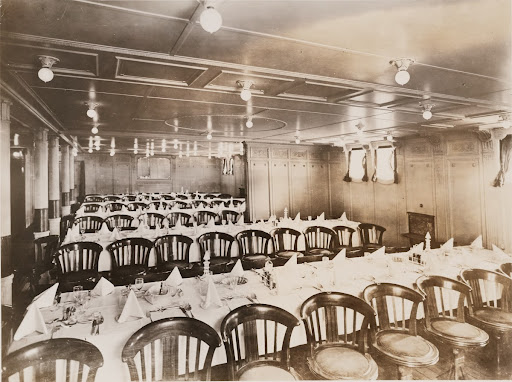 2nd class dining room, Hamburg American line steamship Kaiserine Augusta Victoria, lighted by 16 candlepower RBAF osram lamps