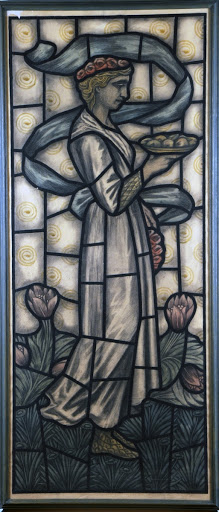 'Woman carrying a bowl of fruit' cartoon for domestic stained glass