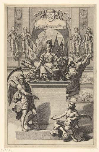 Personificatie van de Republiek der Nederlanden zittend op een leeuw