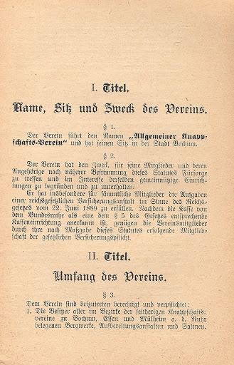 Statute of the “Allgemeiner Knappschafts-Verein zu Bochum” (General miners’ union association in Bochum) dated 1 January 1982, Bochum