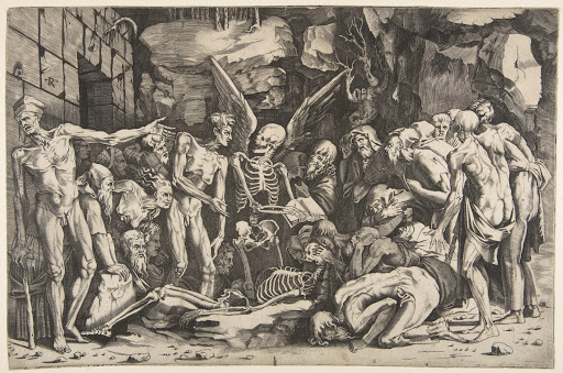 A group of emaciated men and women gathered around a skeleton laid on the ground and a figure of Death as a winged skeleton standing above it holding an open book