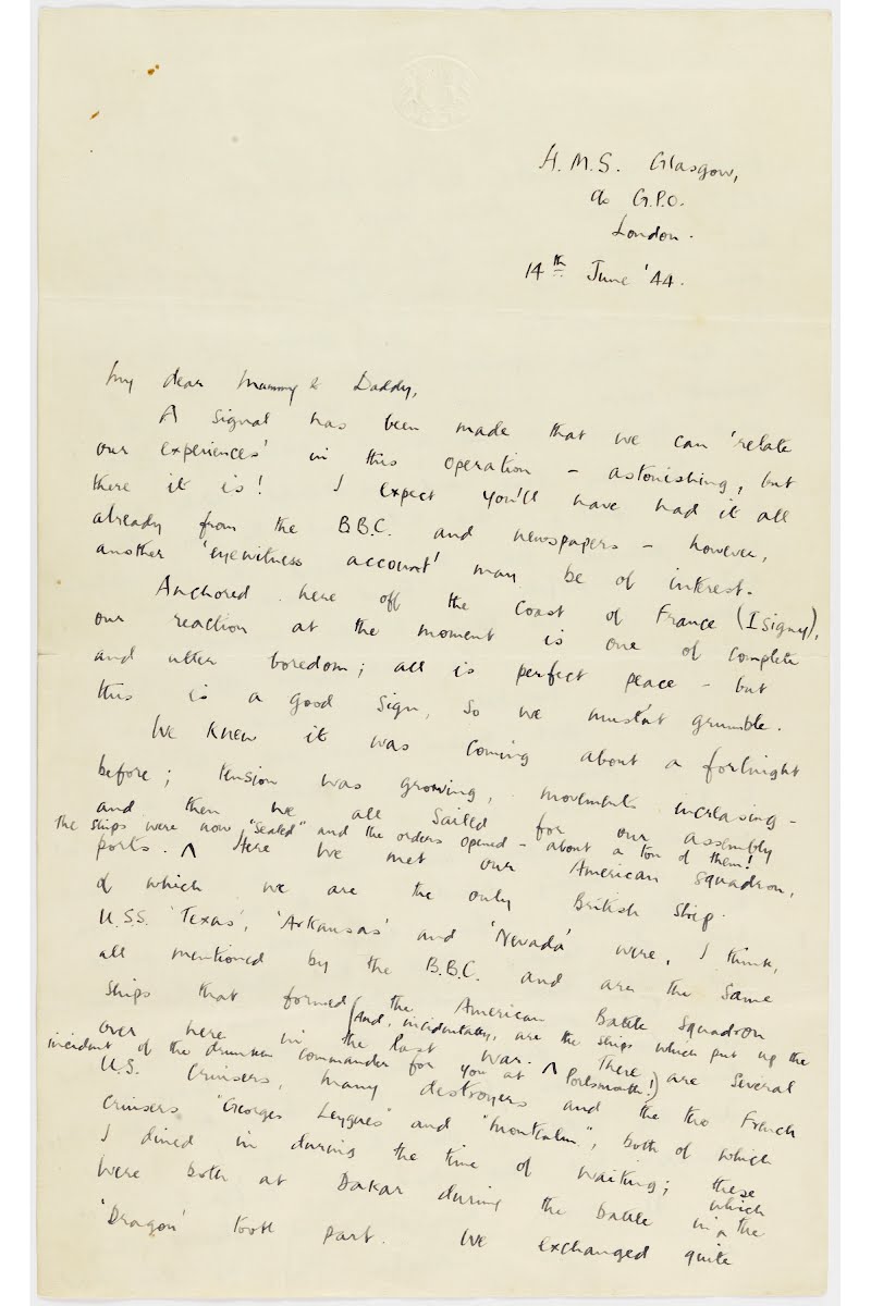 Letter written by Lieutenant (Torpedo) Officer R MacNab from the cruiser HMS Glasgow describing the landings on Omaha Beach, 6 June 1944