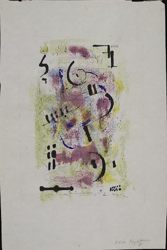 o. T. (abstrakte Komposition in grün, rosa, gelb, blau und schwarz)