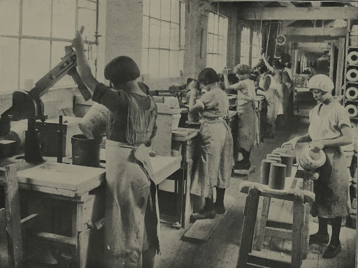 Photograph of female employees at Pearson's & Co. using a jolly to mould jam jars