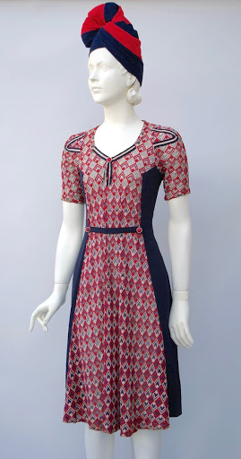 Red and blue embroidered net dress