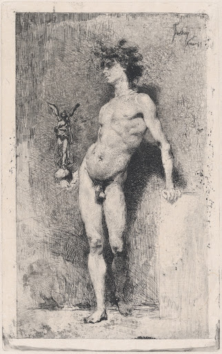 Victory: a naked youth standing facing left holding a statue of winged Victory in his right hand