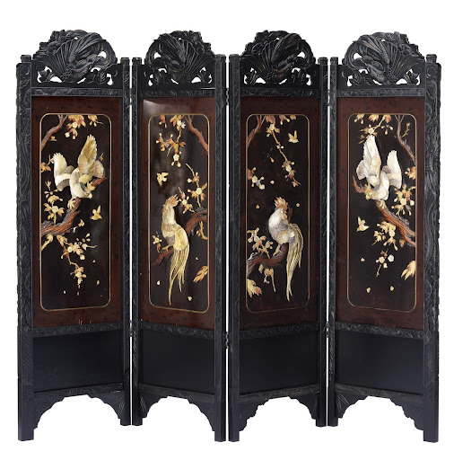 Flowers and birds folding screen, Shibayama Inlay