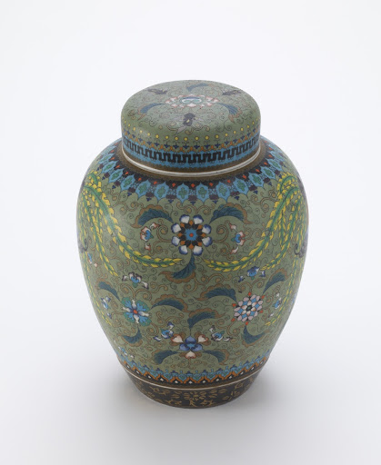 Cloisonne-on-porcelain tea cannister with double lid, Seto ware and Nagoya workshop, one of a pair with F1984.33a-c