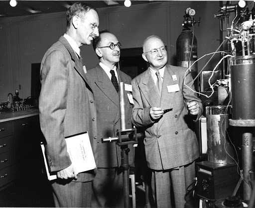 Prof. William Allis, of Massachusetts Institute of Technology, and Prof. David Gabor of imperial College, London, with Dr. Saul Dushman at a GE Research laboratory at the time of conference on Gaseous Electronic held Oct. 4, 1951