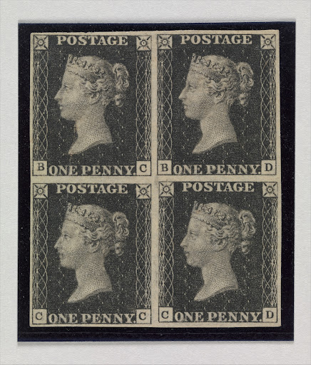 Unused block of four "Penny Black" postage stamps of Queen Victoria