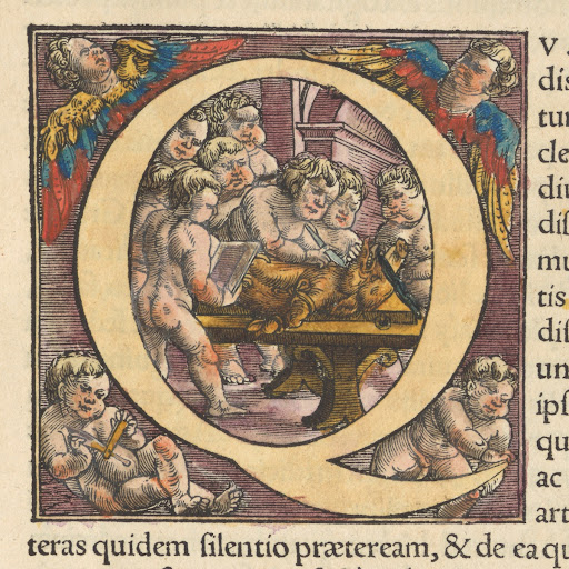 Historiated initial Q from book one of De humani corporis fabrica libri septem
