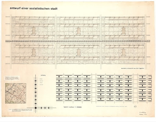 Design for a socialist city (area plan, sheet 1: Bauhaus diploma / Building studies under Ludwig Hilberseimer)