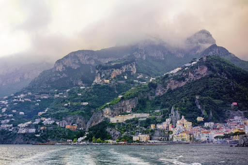VIEW OF AMALFI ON AMALFI COAST ITALY FROM FERRY