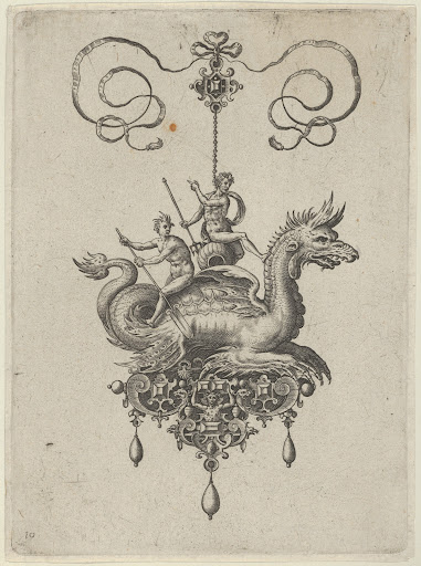 Pendant Design with a Sea Monster Carrying Neptune on an Urn Beside a River-God with an Oar