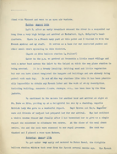 Excerpt from Franklin D. Roosevelt's European trip log detailing his flight in a dirigible Excerpt from Franklin D. Roosevelt's European trip log detailing his flight in a dirigible